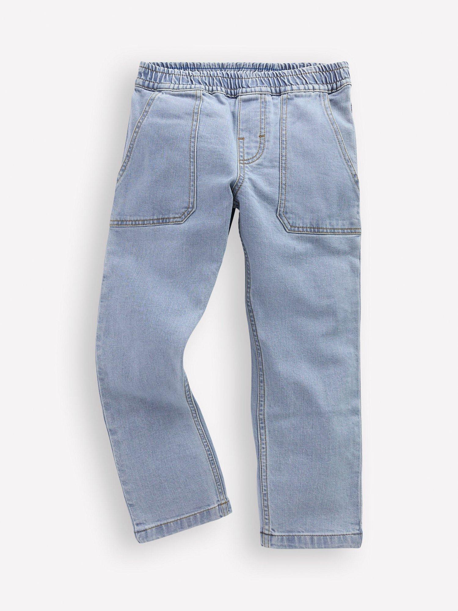 Product image 1 of 3, which shows Mini Boden Kids' Denim Elasticated Pull-On Jeans, Light Wash, 2-3 years