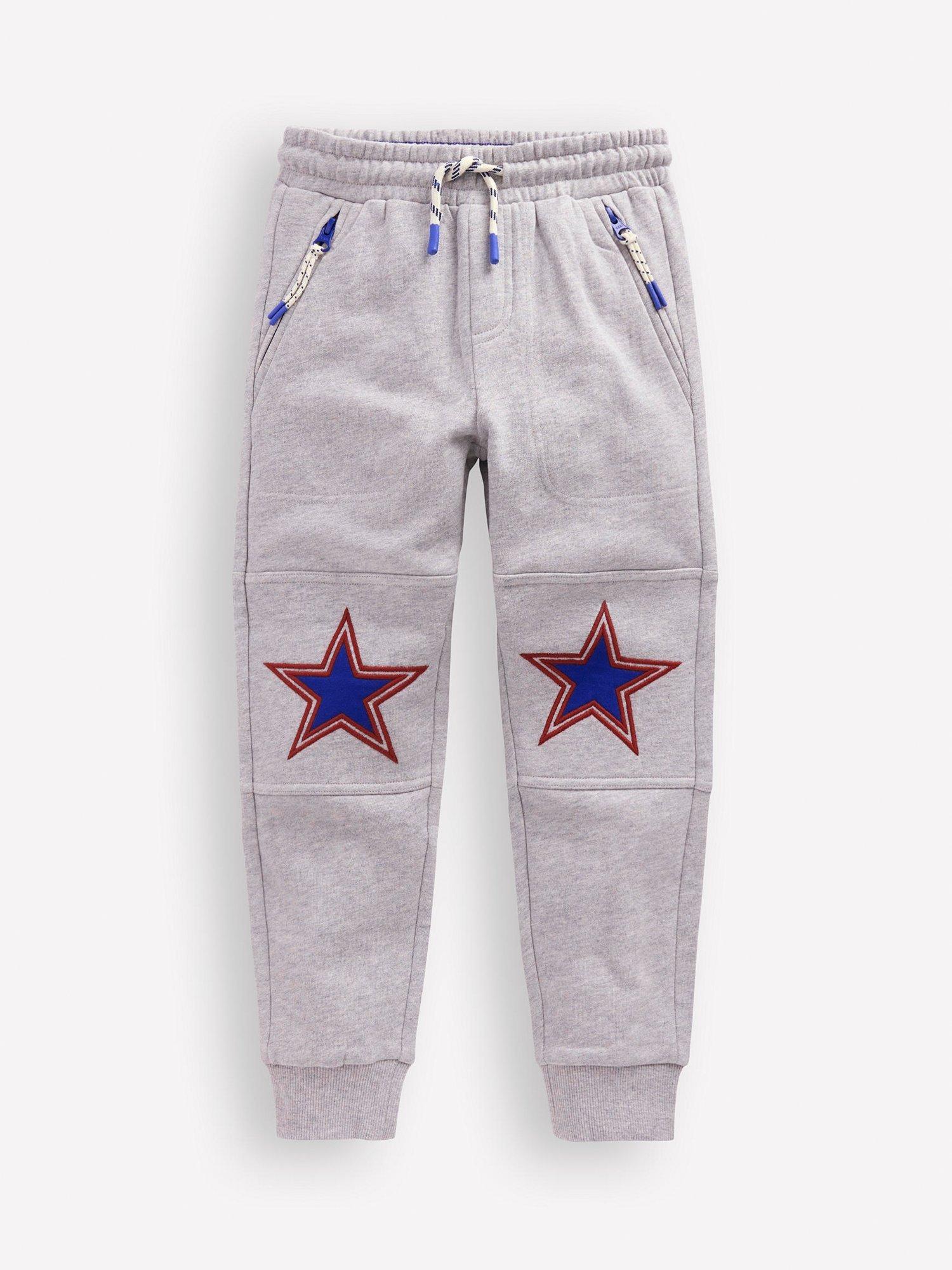 Product image 1 of 3, which shows Mini Boden Kids' Cotton Warrior Knee Joggers, Grey Star Knee, 2-3 years