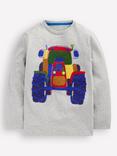 Mini Boden Kids' Cotton Long Sleeve Appliqué Top, Grey Marl Tractor