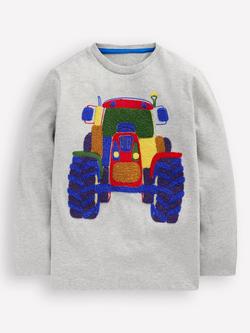 Mini Boden Kids' Cotton Long Sleeve Appliqué Top, Grey Marl Tractor, Grey Marl Tractor