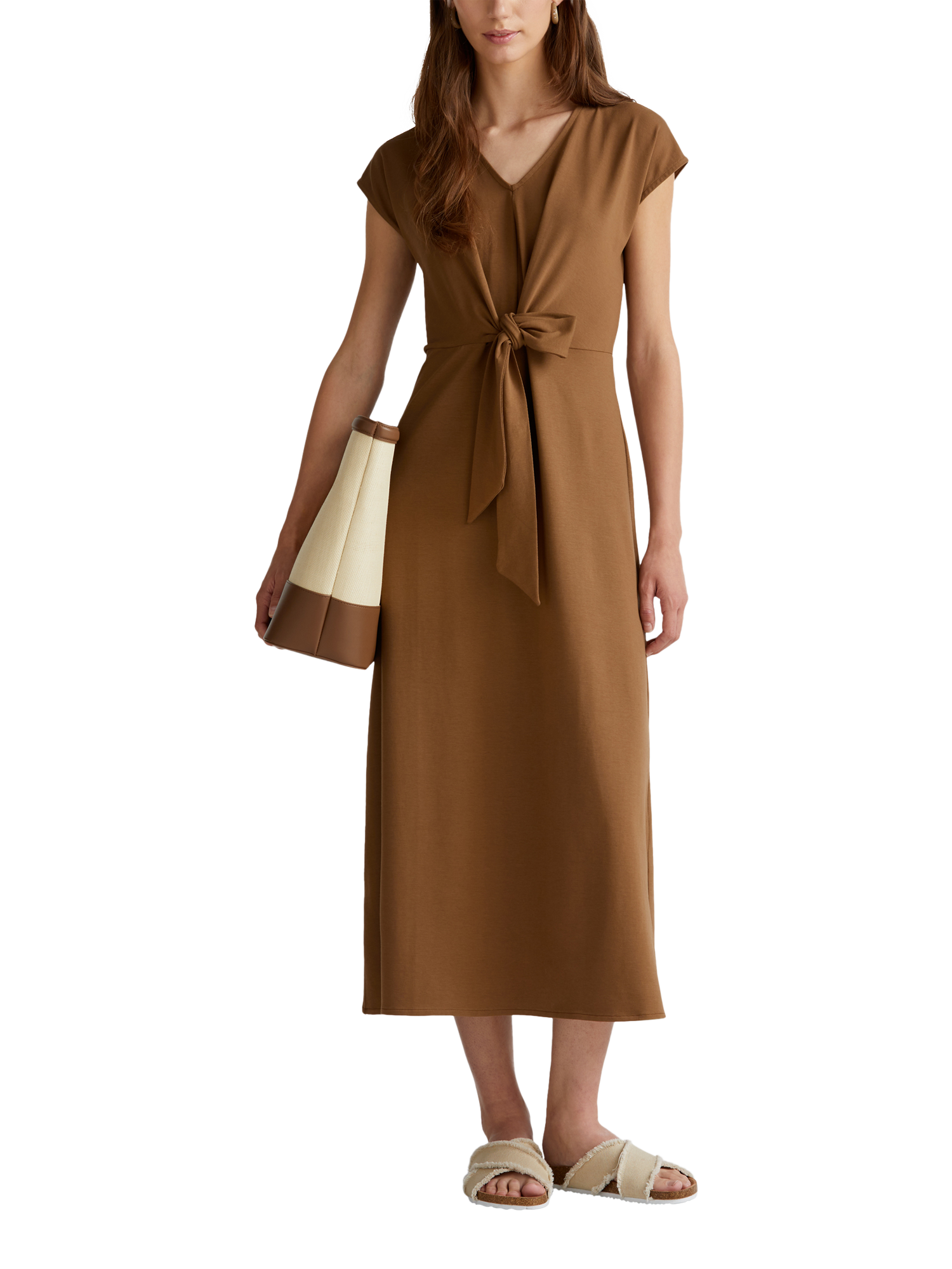 Product image 1 of 3, which shows Benetton Tie Detail Jersey Midi Dress, Brown, XL