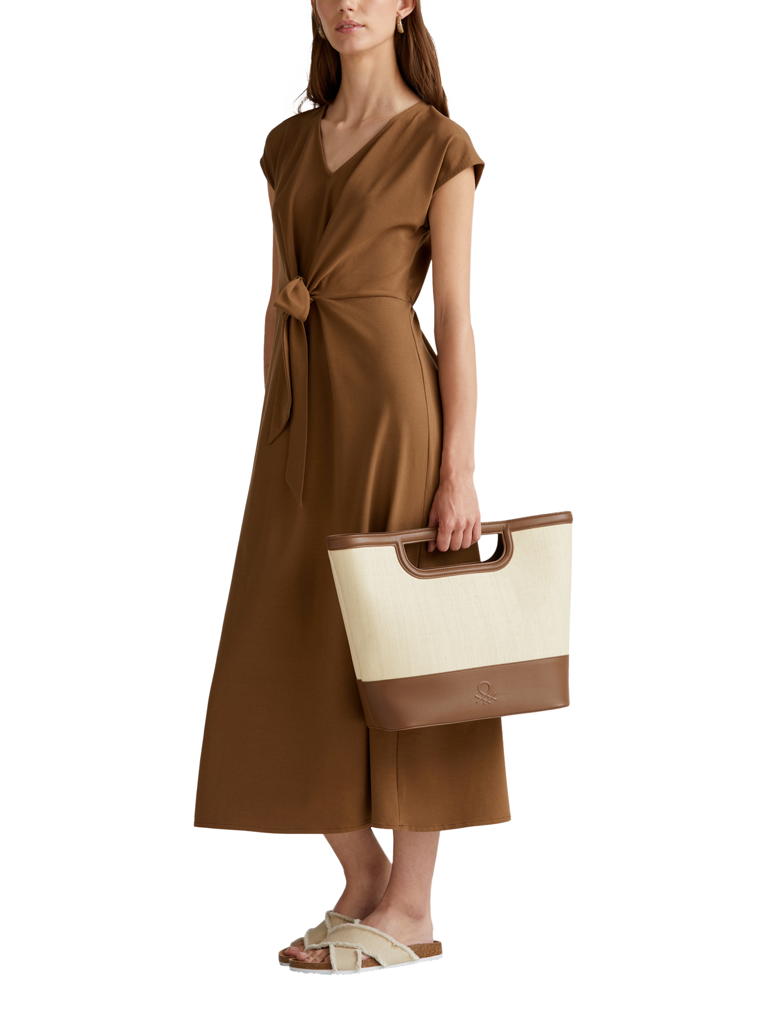 Product image 3 of 3, which shows Benetton Tie Detail Jersey Midi Dress, Brown, XL