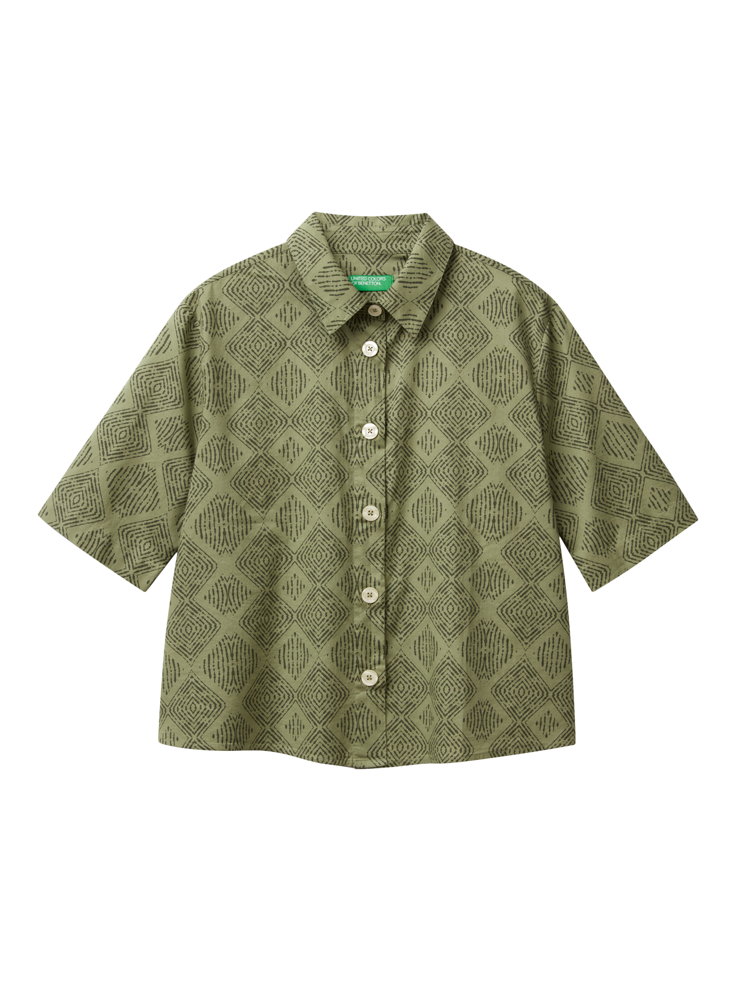 Product image 3 of 4, which shows Benetton Abstract Regular Fit 3/4 Sleeve Box Pleat Cotton Shirt, Green/Multi, XS