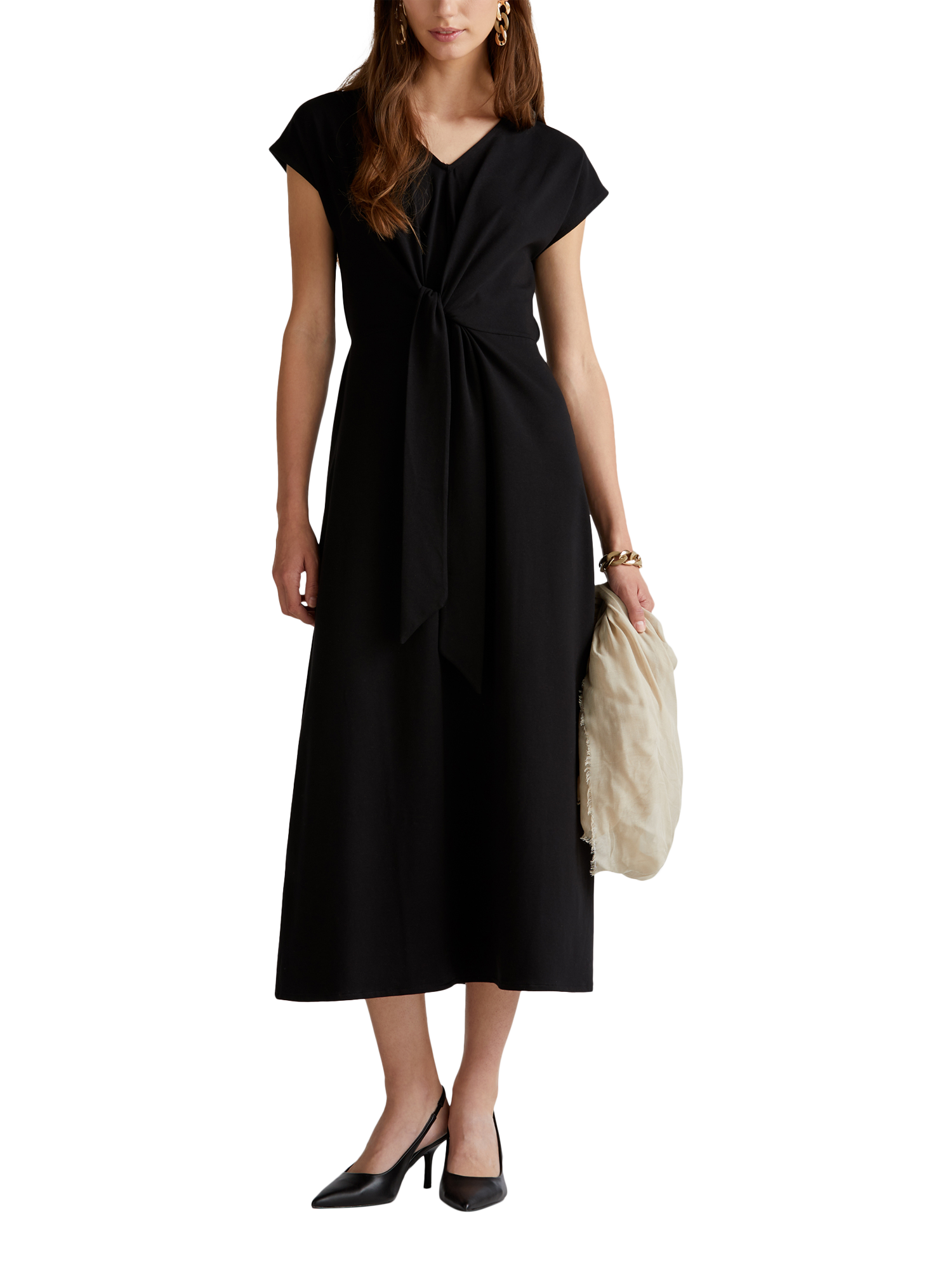 Product image 1 of 3, which shows Benetton Tie Detail Jersey Midi Dress, Black, XS