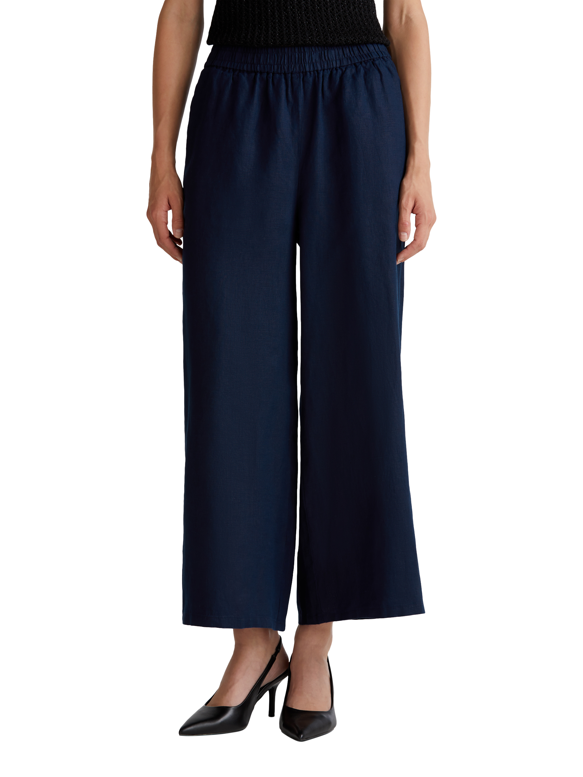 Product image 1 of 5, which shows Benetton Wide Leg Pure Linen Trousers, Mid Blue, XS