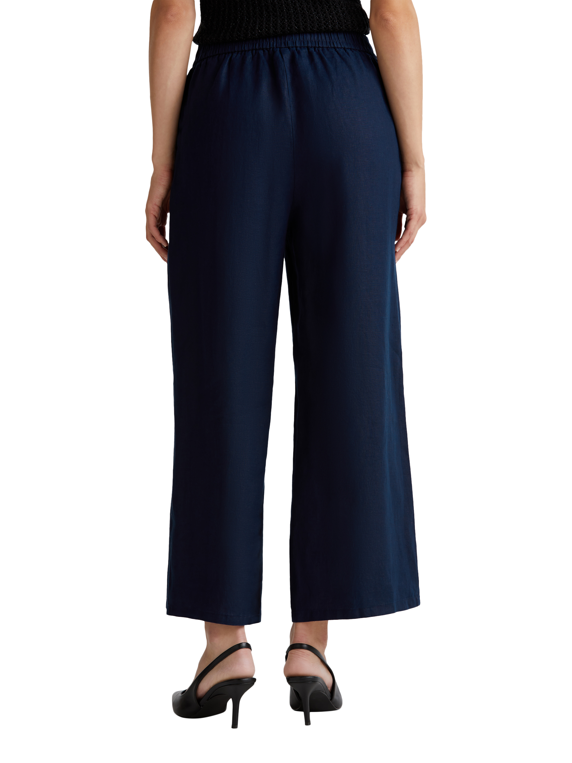 Product image 2 of 5, which shows Benetton Wide Leg Pure Linen Trousers, Mid Blue, XS