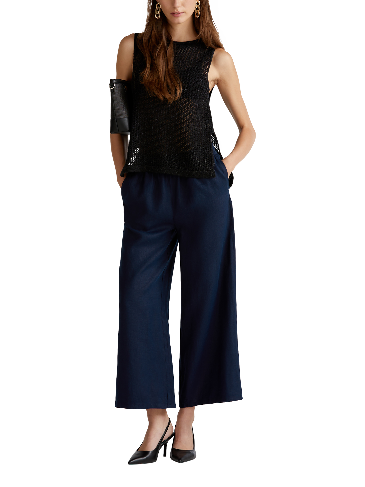 Product image 3 of 5, which shows Benetton Wide Leg Pure Linen Trousers, Mid Blue, XS
