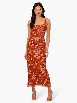 Adrianna Papell Floral Beaded Square Neck Midi Pencil Dress, Brown/Multi