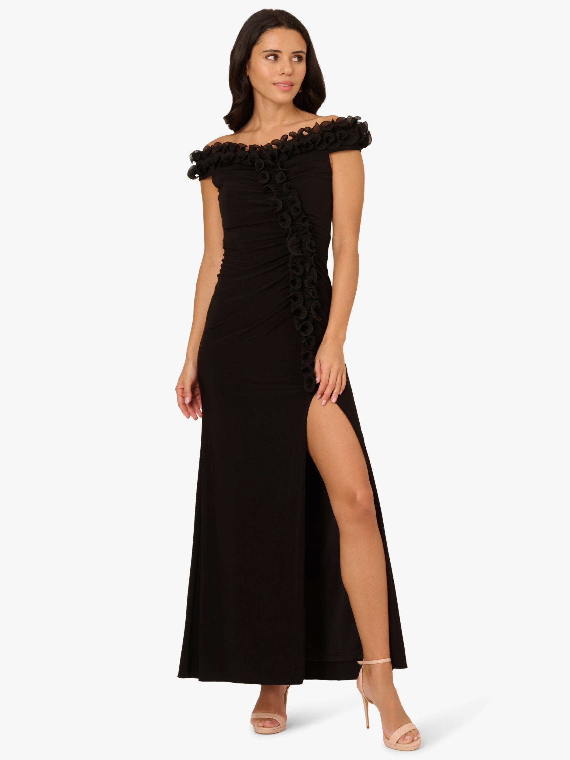 Product image 1 of 6, which shows Adrianna Papell Bardot Neck Ruffle Trim Jersey Maxi Gown, Black, 6