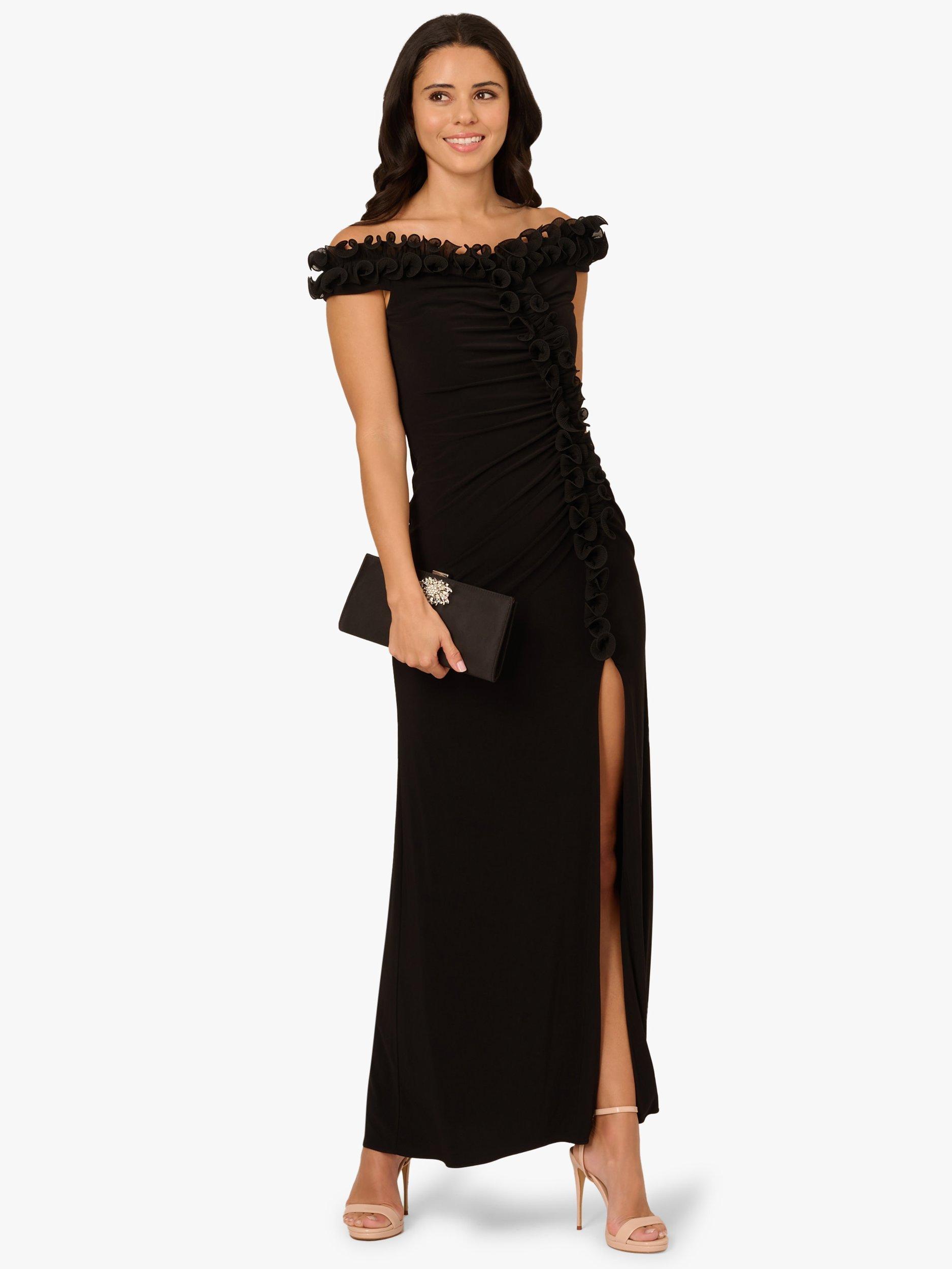Product image 3 of 6, which shows Adrianna Papell Bardot Neck Ruffle Trim Jersey Maxi Gown, Black, 6