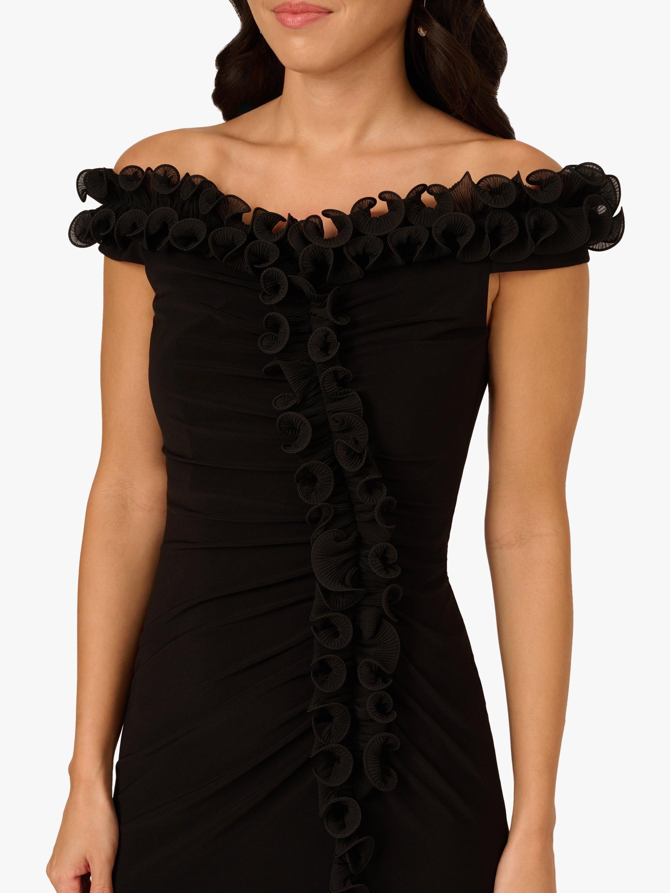 Product image 4 of 6, which shows Adrianna Papell Bardot Neck Ruffle Trim Jersey Maxi Gown, Black, 6