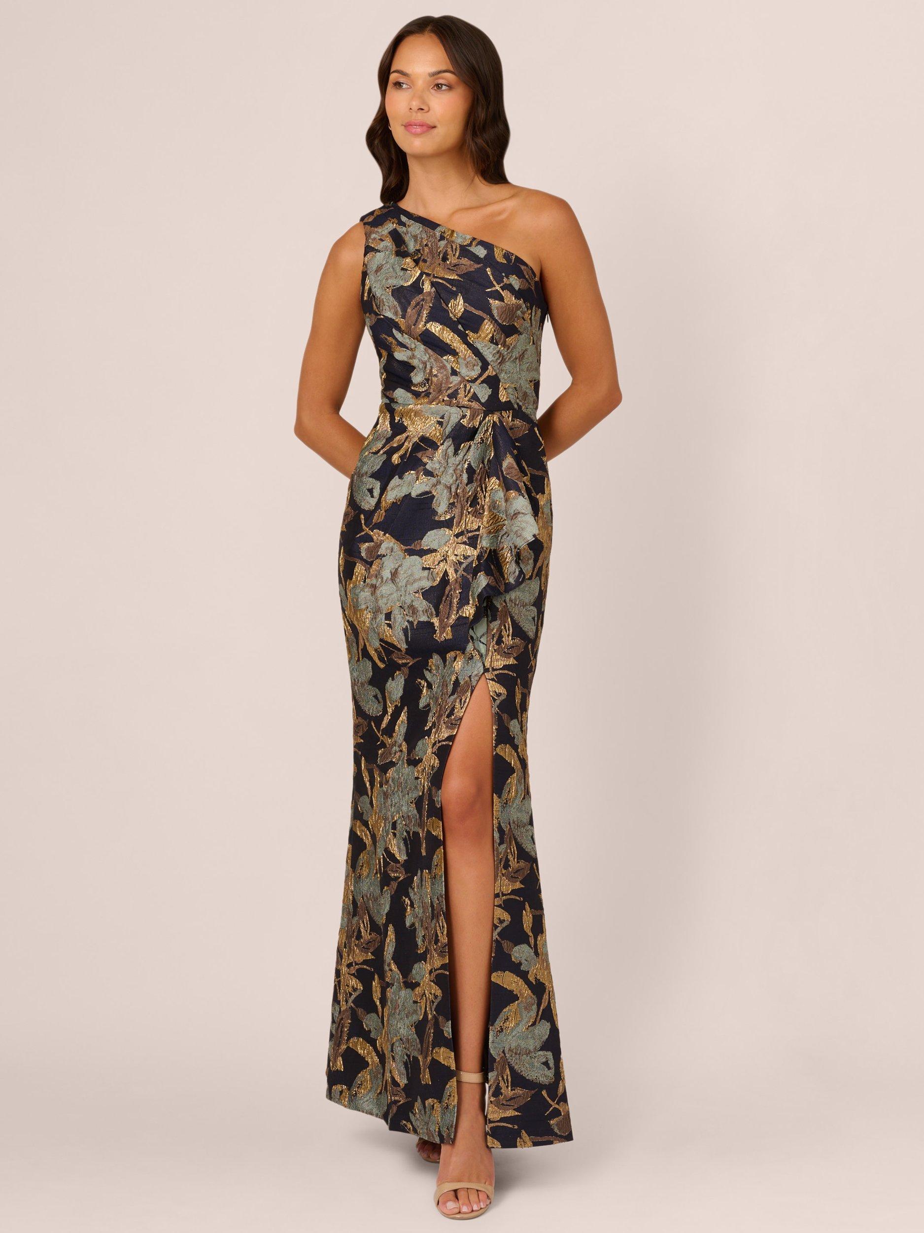 adrianna papell jacquard a-line dress Floral Asymmetric Neck Maxi Chic Champagne Asymmetrical One premium satin evening gown online Crafted from a blend Size:7-8 Y