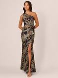Adrianna Papell Floral A-Line Asymmetric Neck Maxi Jacquard Dress