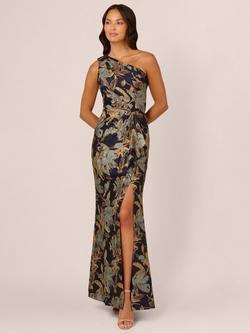 Adrianna Papell Floral A-Line Asymmetric Neck Maxi Jacquard Dress, Blue/Multi