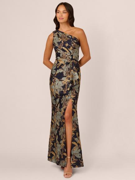 Adrianna Papell Floral A-Line Asymmetric Neck Maxi Jacquard Dress, Blue/Multi