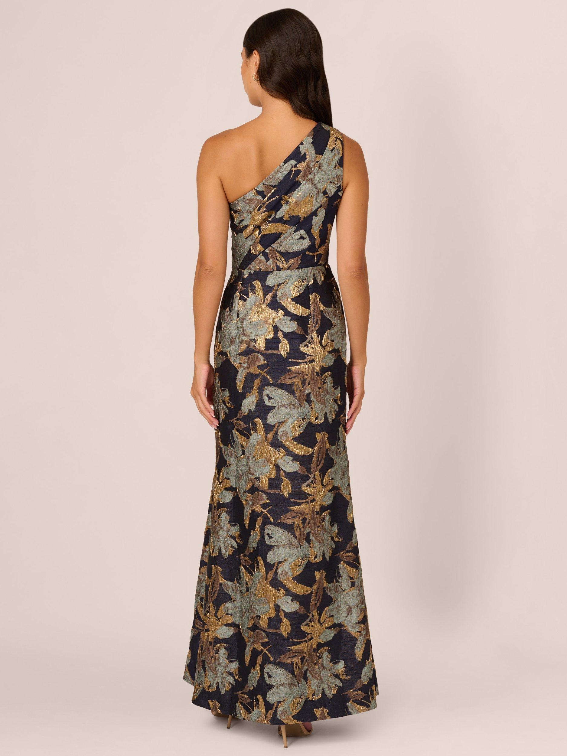 Adrianna Papell Floral A-Line Asymmetric Neck Maxi Jacquard Dress