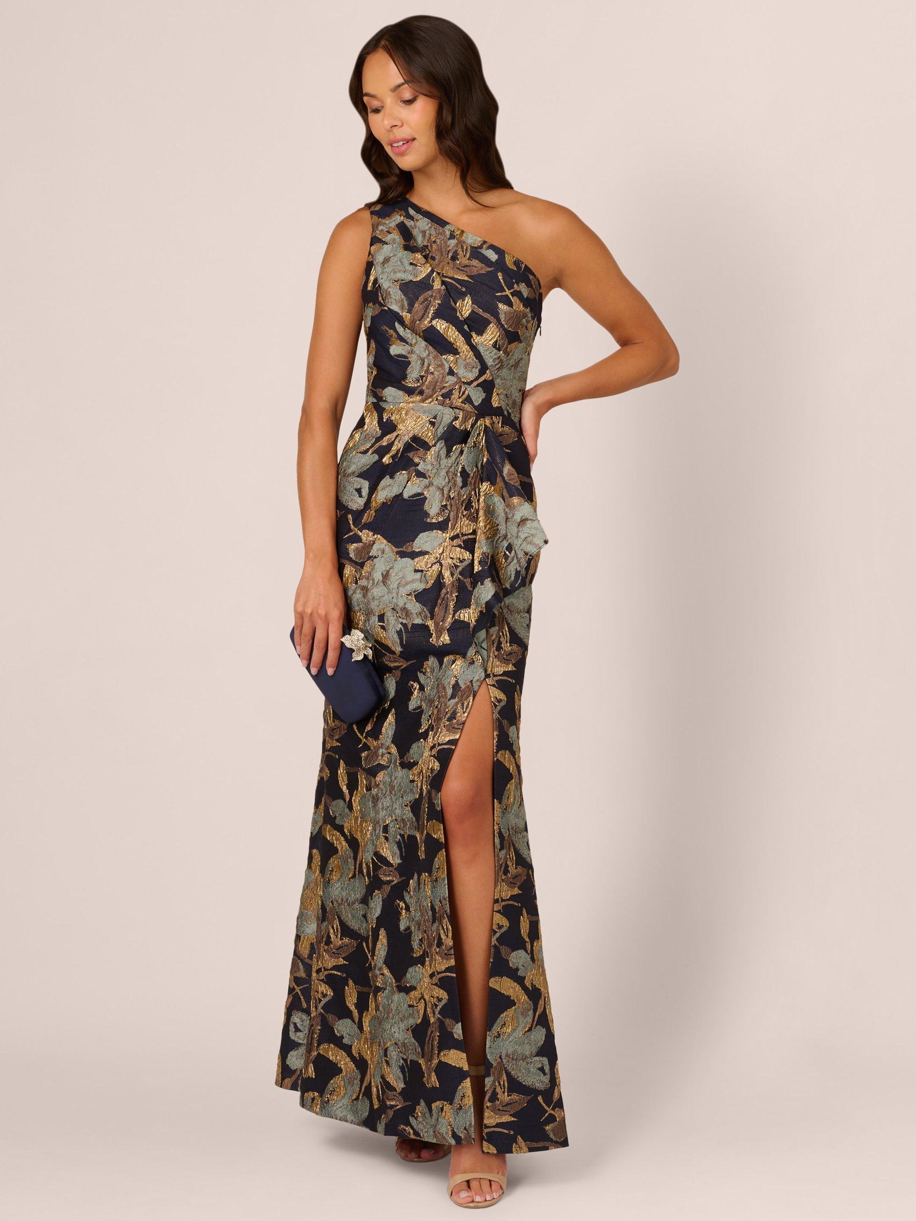 Adrianna Papell Floral A-Line Asymmetric Neck Maxi Jacquard