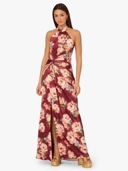 Adrianna Papell Floral Halterneck Satin Dress, Brown/Multi, Brown/Multi
