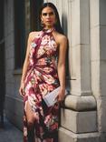 Adrianna Papell Floral Halterneck Satin Dress, Brown/Multi