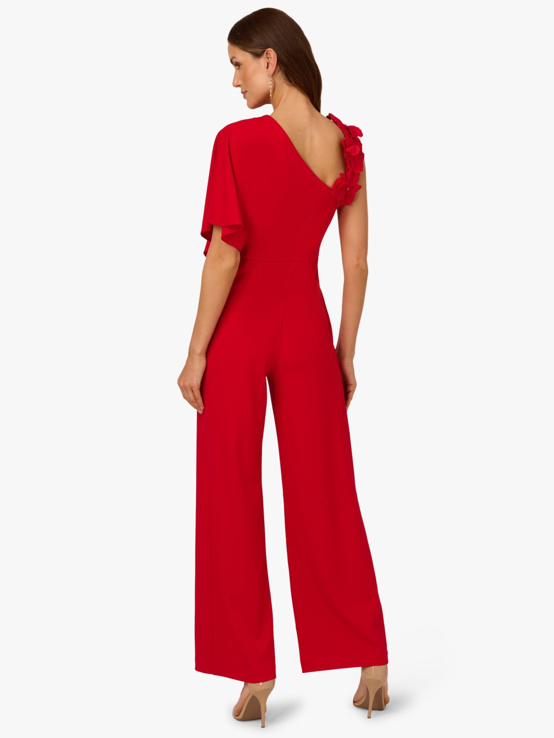 Product image 2 of 6, which shows Adrianna Papell 3D Floral Print Asymmetric Wide Leg Crepe Jumpsuit, Mid Red, 6