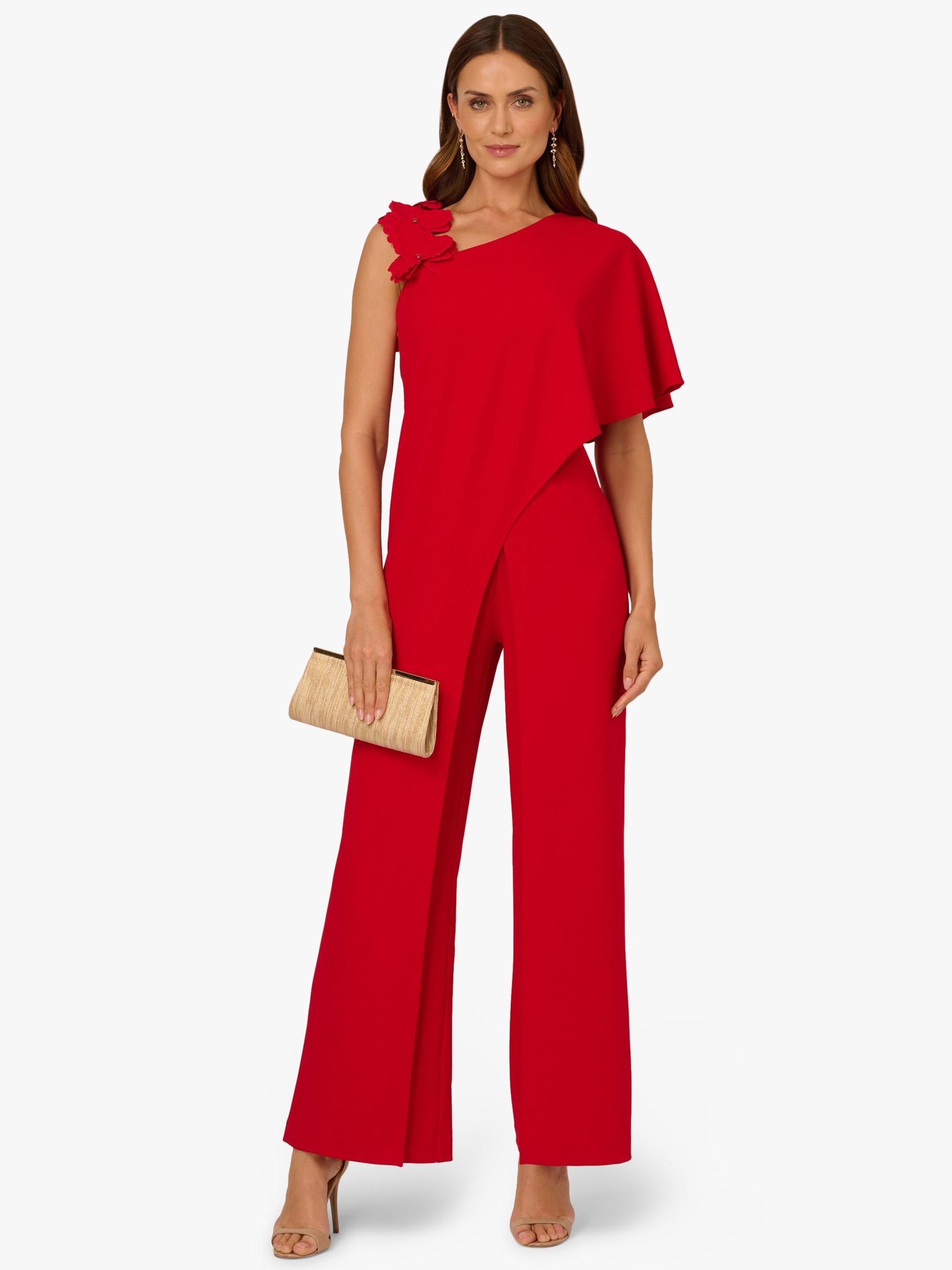 Product image 3 of 6, which shows Adrianna Papell 3D Floral Print Asymmetric Wide Leg Crepe Jumpsuit, Mid Red, 6