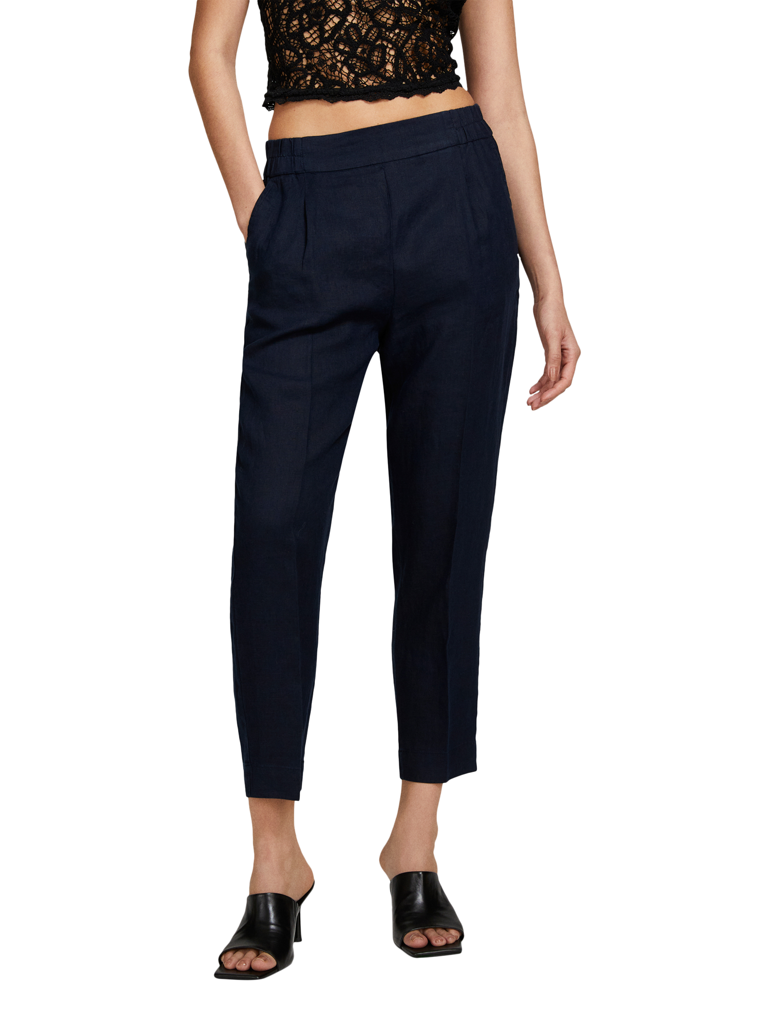 Product image 1 of 5, which shows SISLEY High Waist Pure Linen Cropped Joggers, Blue, 16
