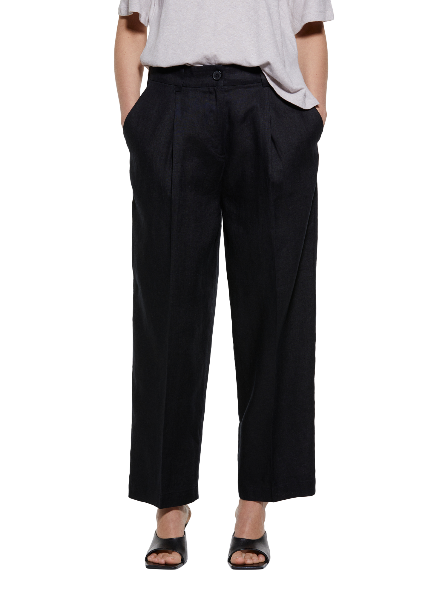 Product image 1 of 5, which shows SISLEY Relaxed Cropped Pure Linen Trousers, Black, 16