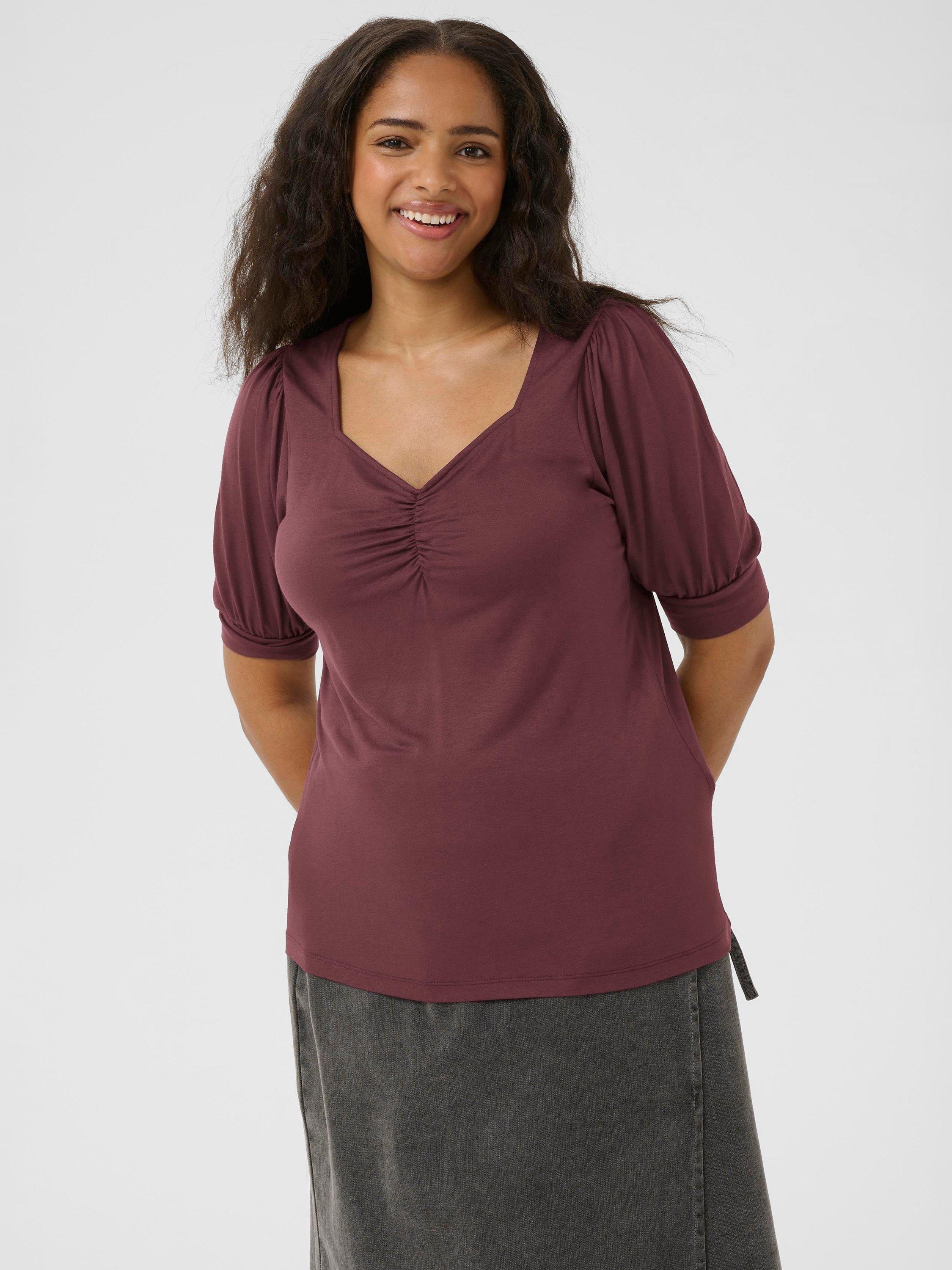 Product image 1 of 6, which shows KAFFE Curve Sissy Ruched Neck Top, Fudge, S
