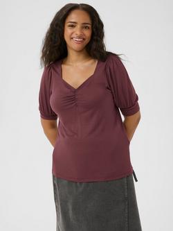 KAFFE Curve Sissy Ruched Neck Top, Fudge, Fudge