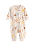 Lindex Baby Cotton Zip Front Animal Print Pyjama Suit, Light Beige