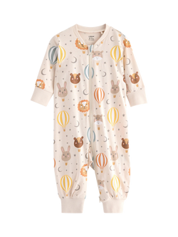 Lindex Baby Cotton Zip Front Animal Print Pyjama Suit, Light Beige, Light Beige