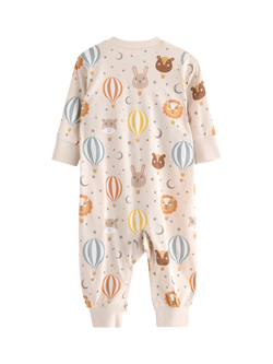 Lindex Baby Cotton Zip Front Animal Print Pyjama Suit, Light Beige - view 2, Light Beige