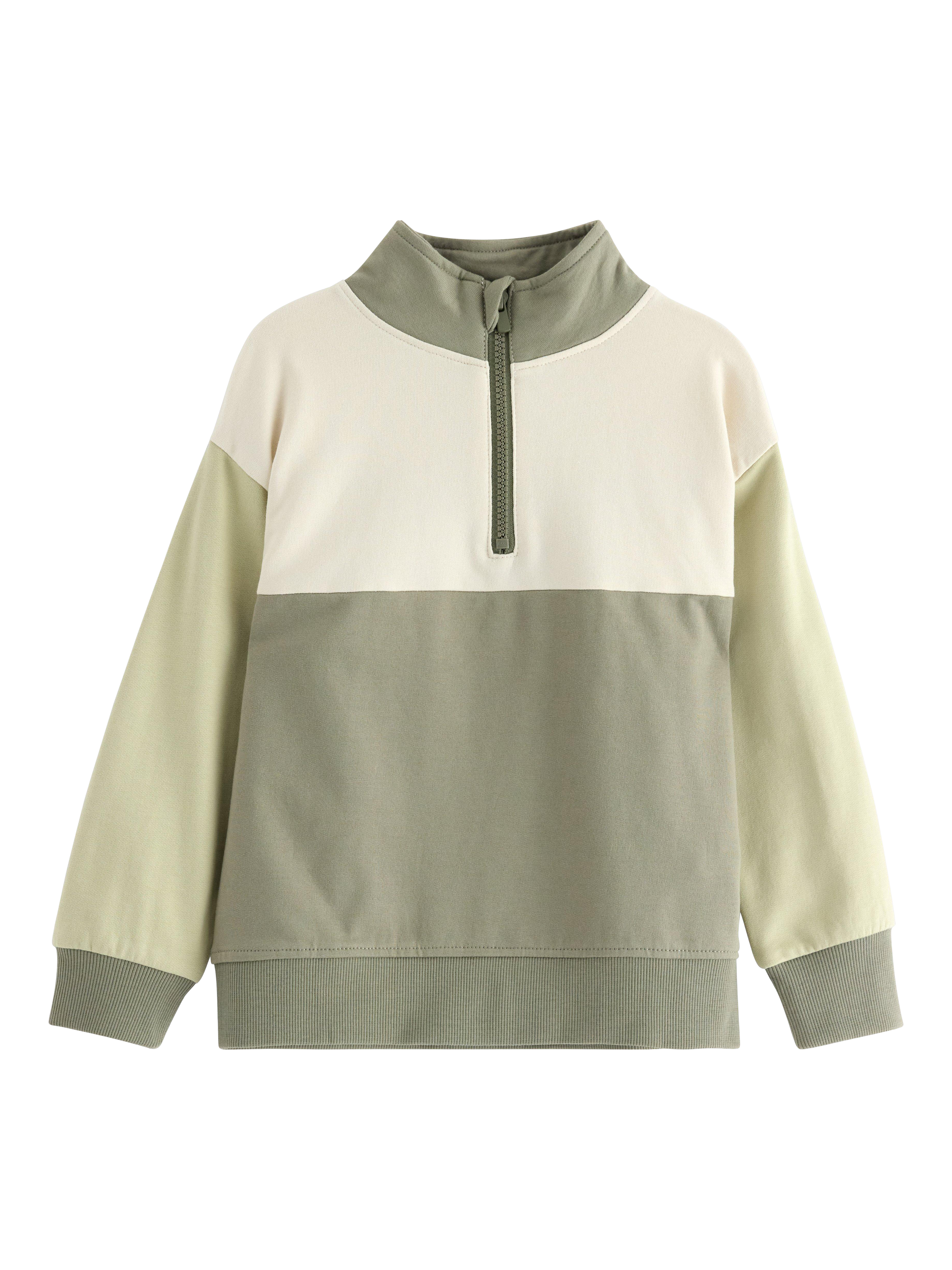 Product image 1 of 3, which shows Lindex Kids' Cotton Half Zip Colour Block Sweatshirt, Light Dusty Khaki, 9-10 years