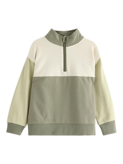 Lindex Kids' Cotton Half Zip Colour Block Sweatshirt, Light Dusty Khaki, Light Dusty Khaki