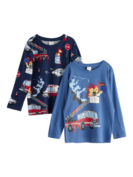 Lindex Kids' Cotton Graphic Long Sleeve Top, Pack of 2, Light Dusty Blue/Multi, Light Dusty Blue/Multi
