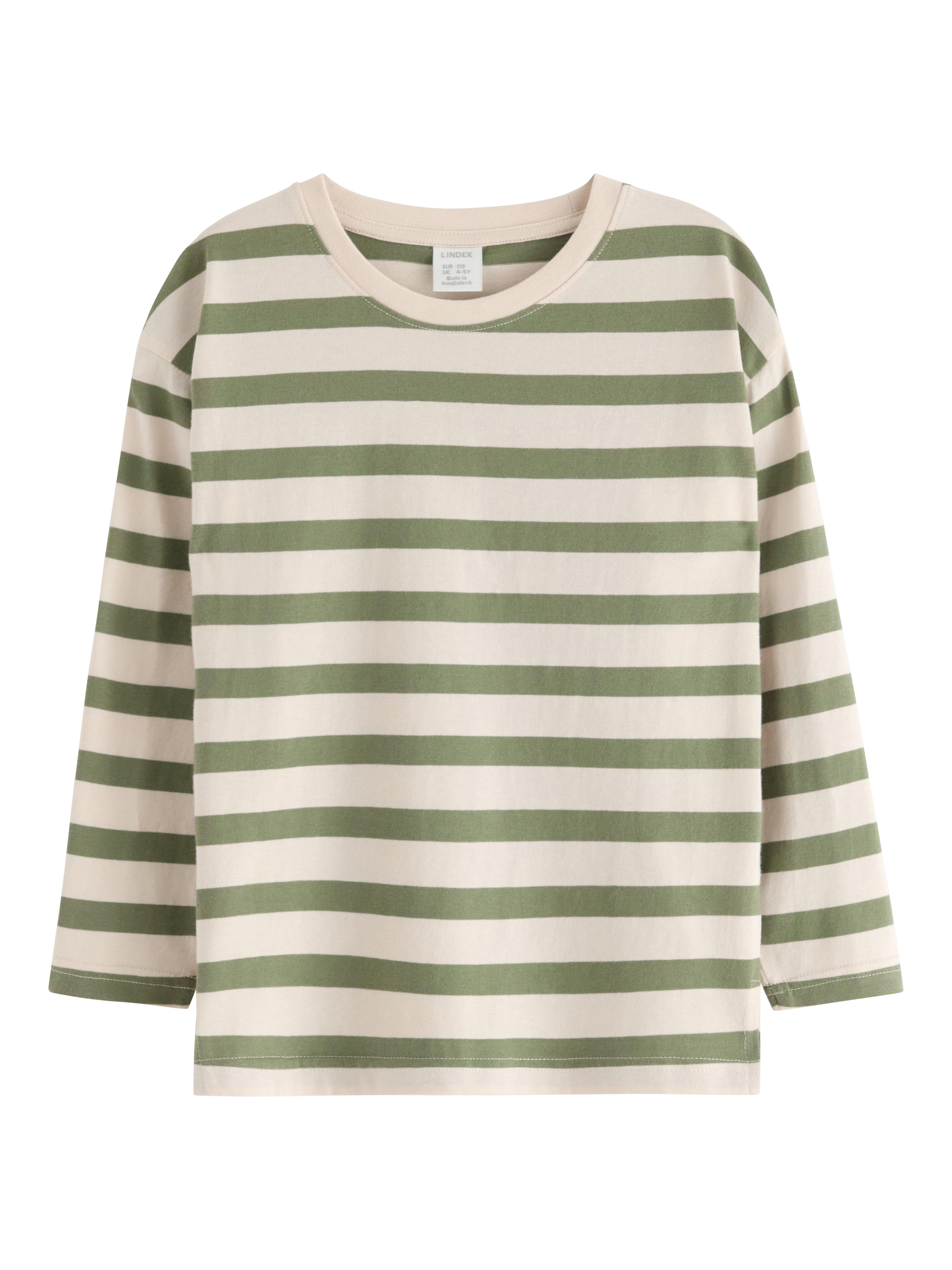 Product image 1 of 3, which shows Lindex Kids' Cotton Stripe Long Sleeve Top, Light Dusty Green, 2-3 years