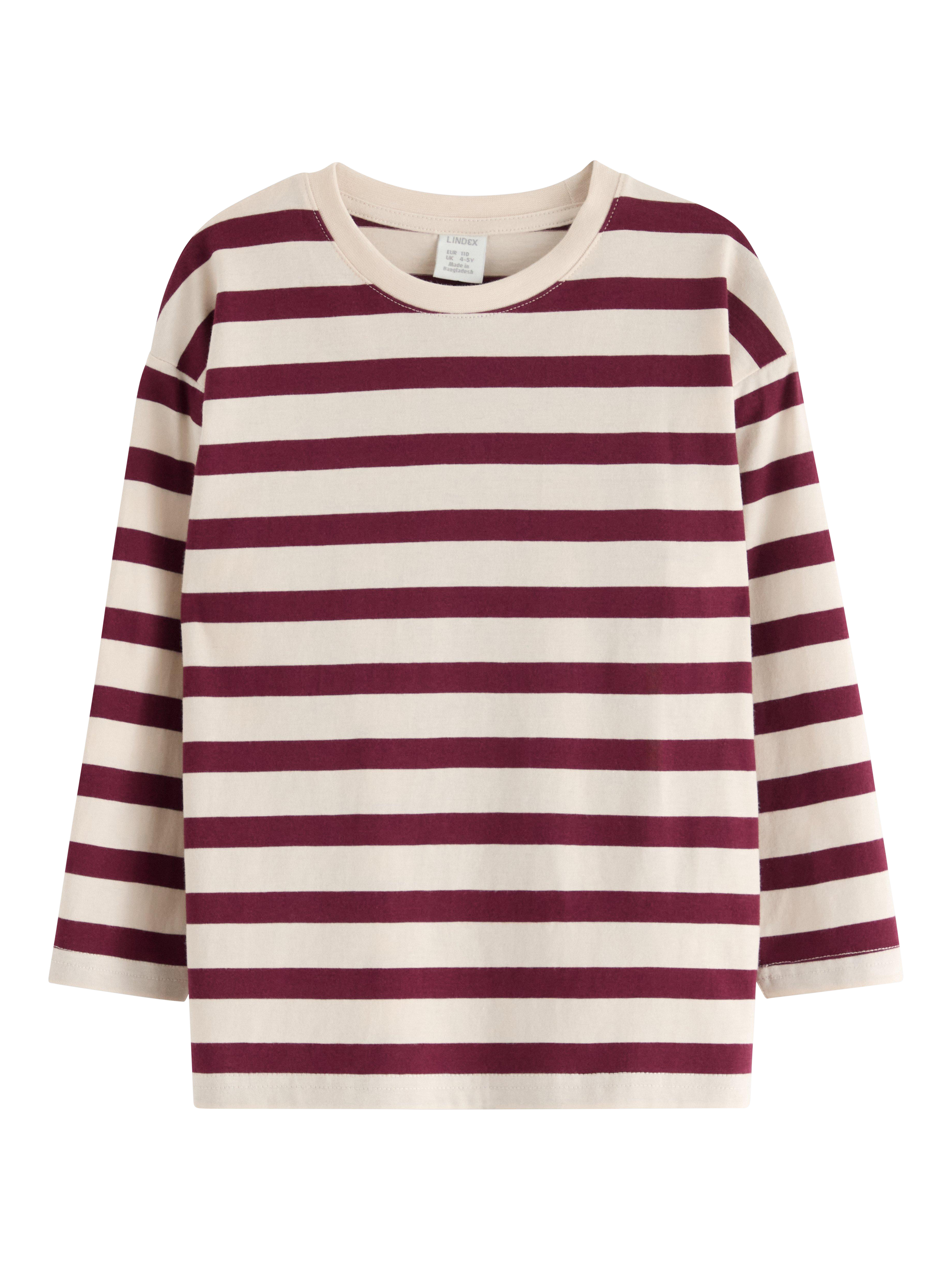Product image 1 of 3, which shows Lindex Kids' Cotton Stripe Long Sleeve Top, Dk Dusty Red, 3-4 years