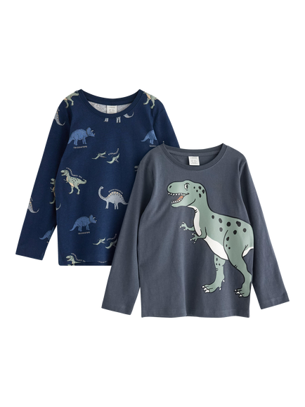 Lindex Kids' Cotton Dinosaur Long Sleeve Top, Pack of 2, Dark Grey, Dark Grey