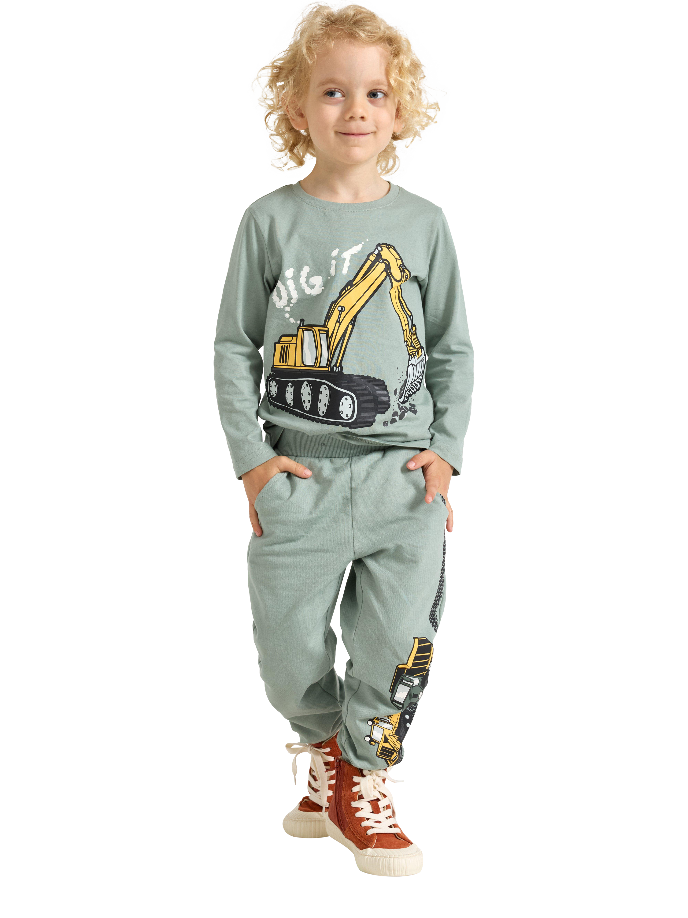 Product image 1 of 6, which shows Lindex Kids' Cotton Brushed Printed Jogging Bottoms, Dusty Green, 18-24 months