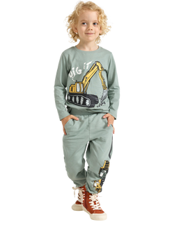 Lindex Kids' Cotton Brushed Printed Jogging Bottoms, Dusty Green, Dusty Green