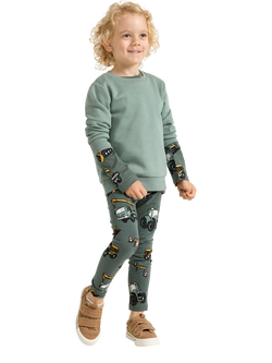 Lindex Kids' Cotton Brushed Truck Print Leggings, Dusty Green, Dusty Green