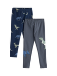 Lindex Kids' Cotton Dinosaur Print Leggings, Pack of 2, Dark Grey