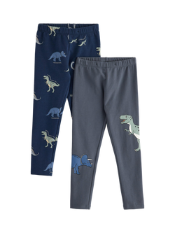 Lindex Kids' Cotton Dinosaur Print Leggings, Pack of 2, Dark Grey, Dark Grey