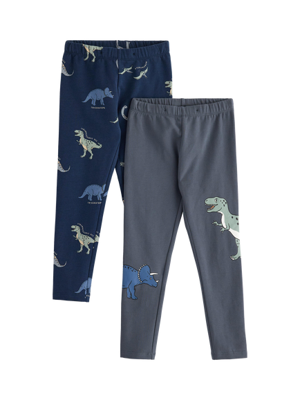 Lindex Kids' Cotton Dinosaur Print Leggings, Pack of 2, Dark Grey, Dark Grey