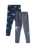 Lindex Kids' Cotton Dinosaur Print Leggings, Pack of 2, Dark Grey