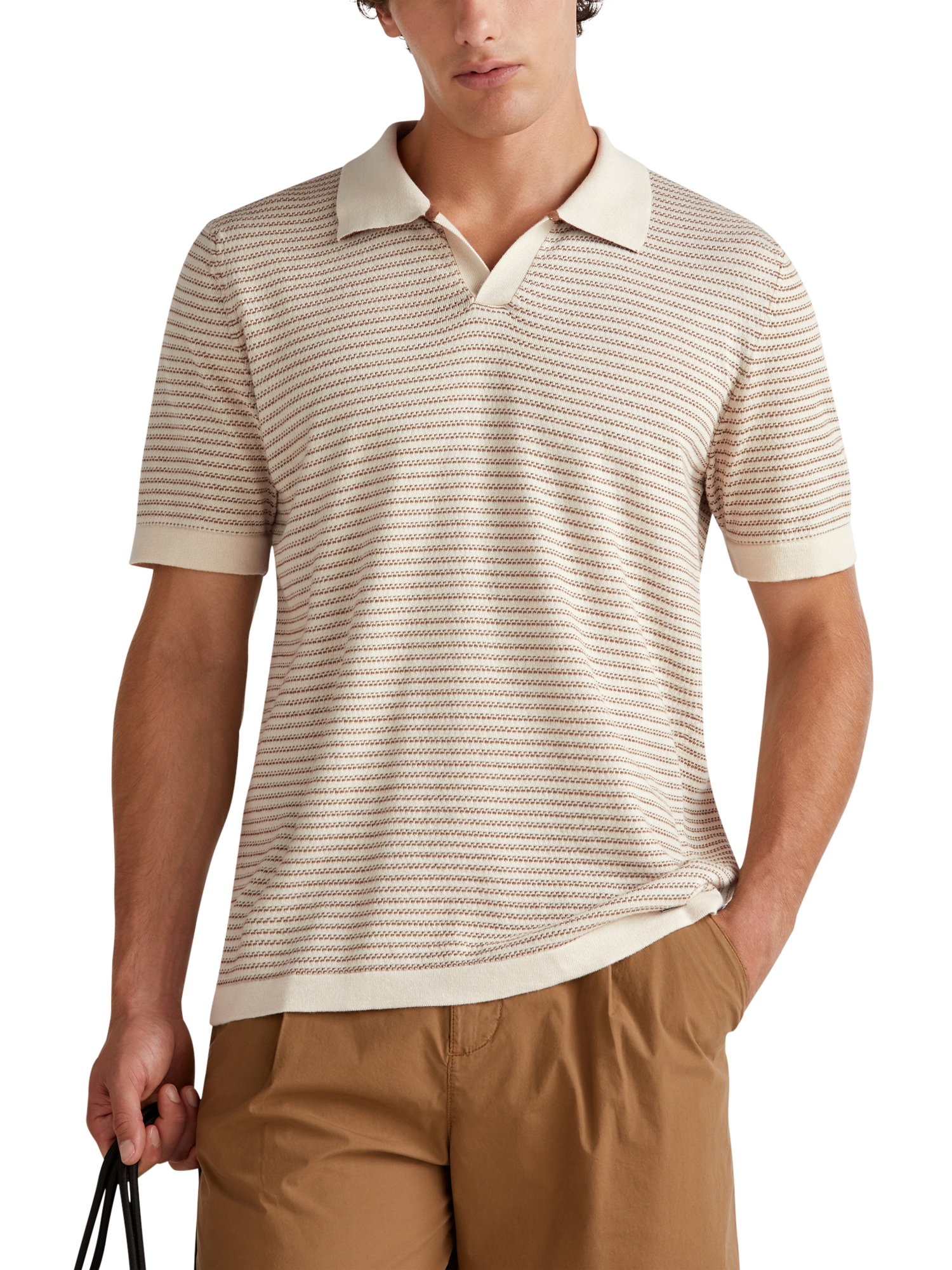 Product image 1 of 6, which shows Benetton Striped Regular Fit Buttonless Short Sleeve Polo Shirt, Beige, M