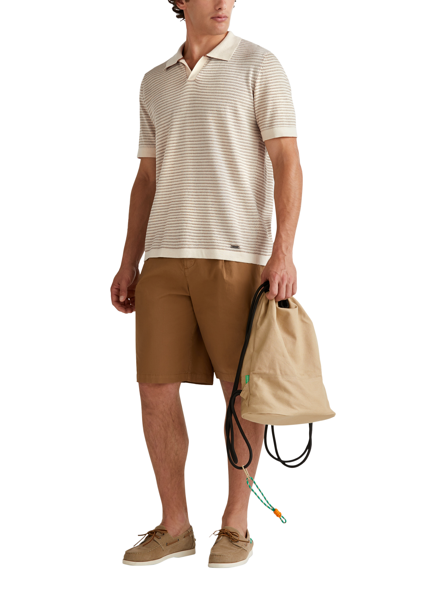Product image 3 of 6, which shows Benetton Striped Regular Fit Buttonless Short Sleeve Polo Shirt, Beige, M