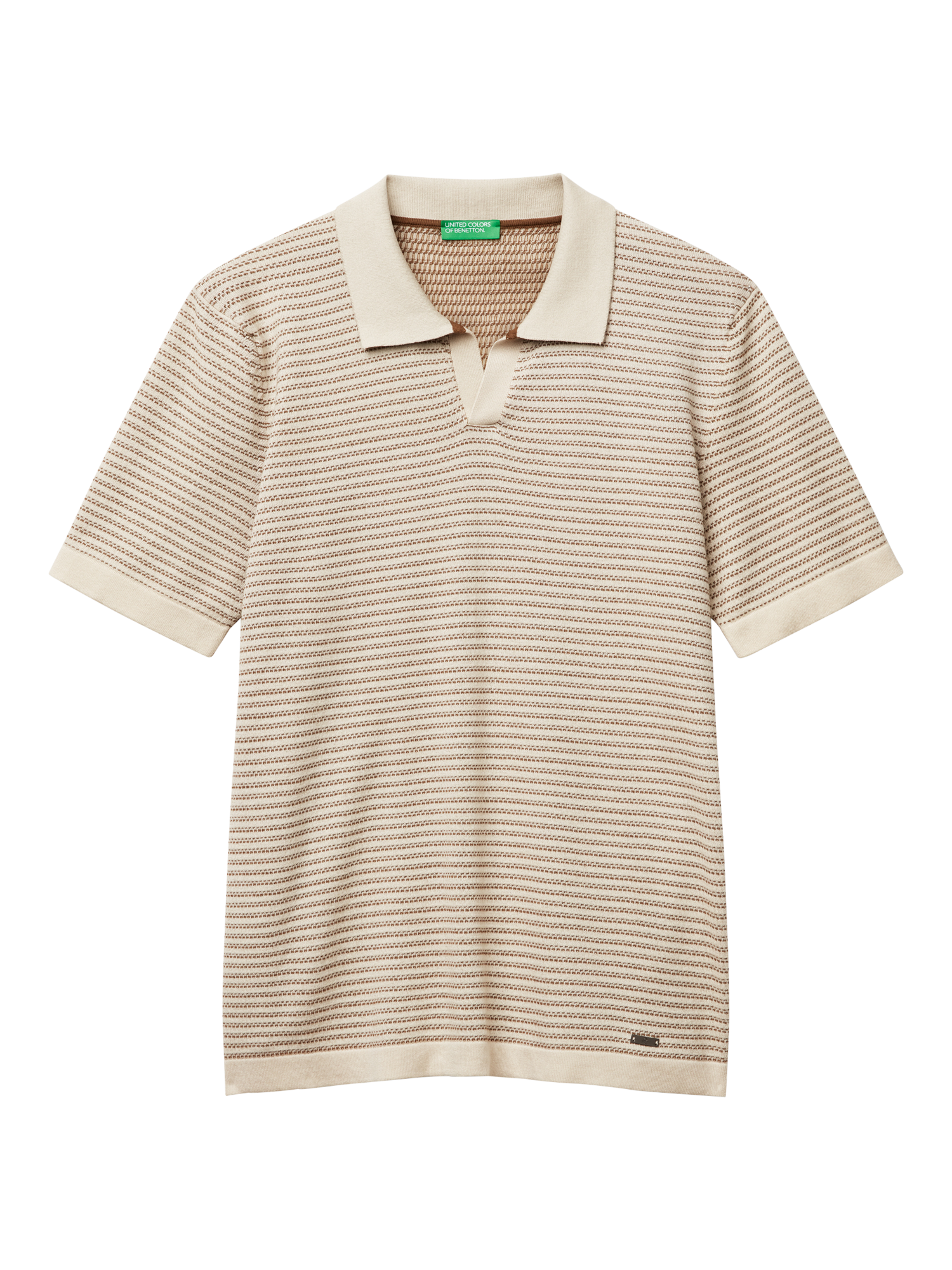 Product image 4 of 6, which shows Benetton Striped Regular Fit Buttonless Short Sleeve Polo Shirt, Beige, M