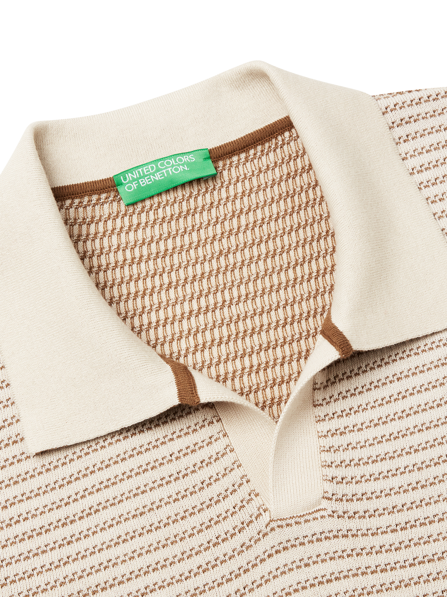 Product image 6 of 6, which shows Benetton Striped Regular Fit Buttonless Short Sleeve Polo Shirt, Beige, M