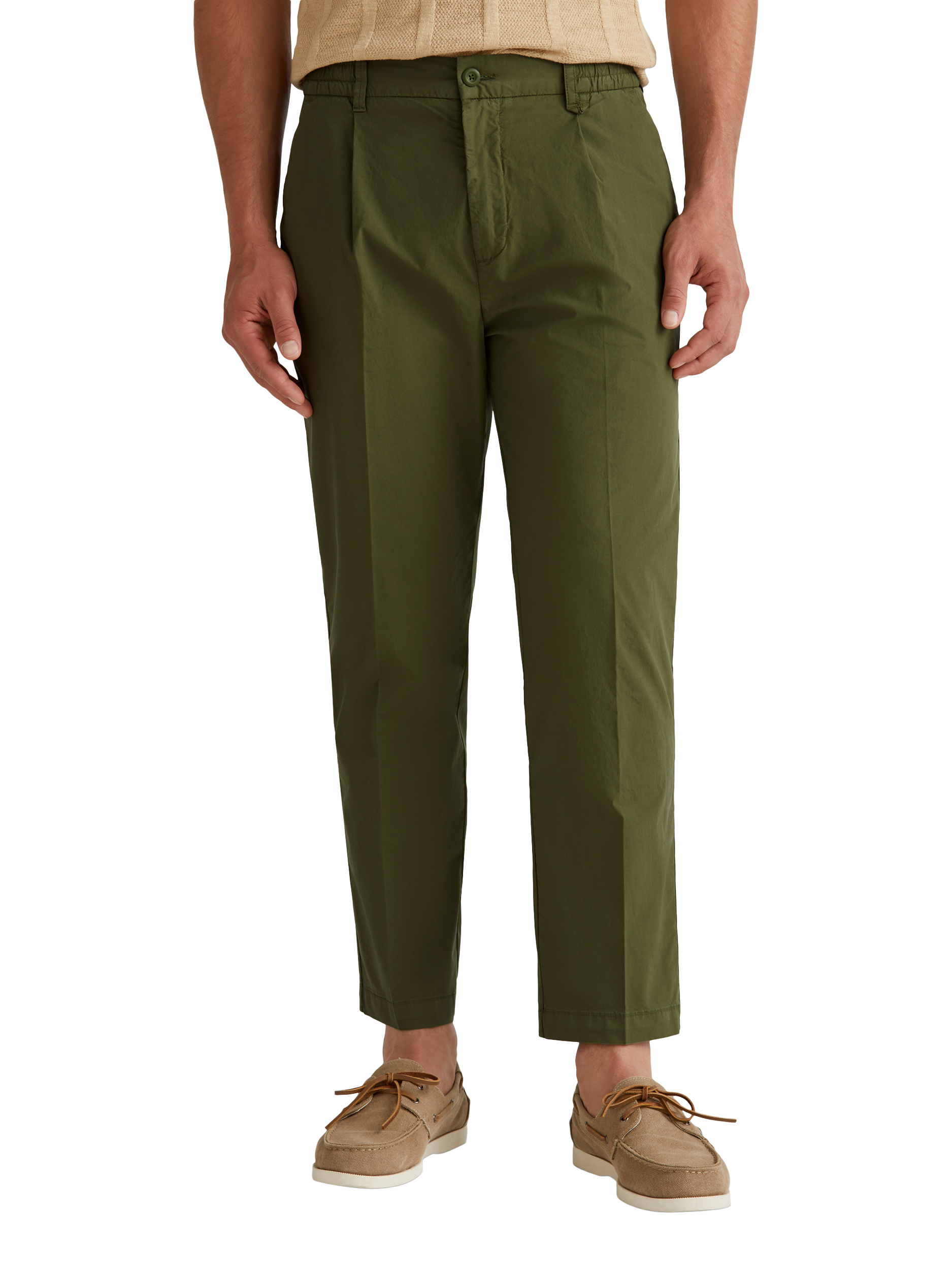 Product image 1 of 5, which shows Benetton Straight Fit Cotton Blend Trousers, Mid Green, 30R